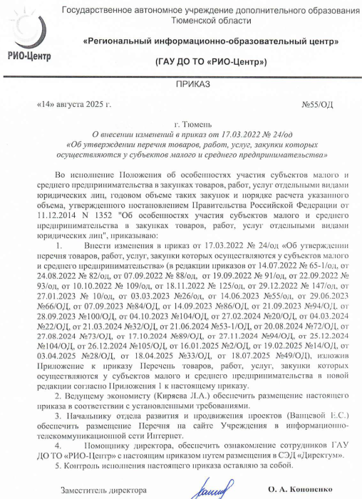 Приказ №55 от 14 августа 2025 года о внесении изменений в приказ от 17.03.2022 №24
